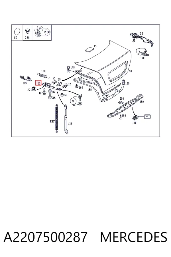 Gozno de tampa de porta-malas A2207500287 Mercedes