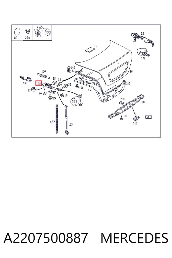 Gozno de tampa de porta-malas A2207500887 Mercedes