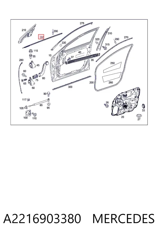 Moldura de vidro deslizante da porta dianteira esquerda A2216903380 Mercedes