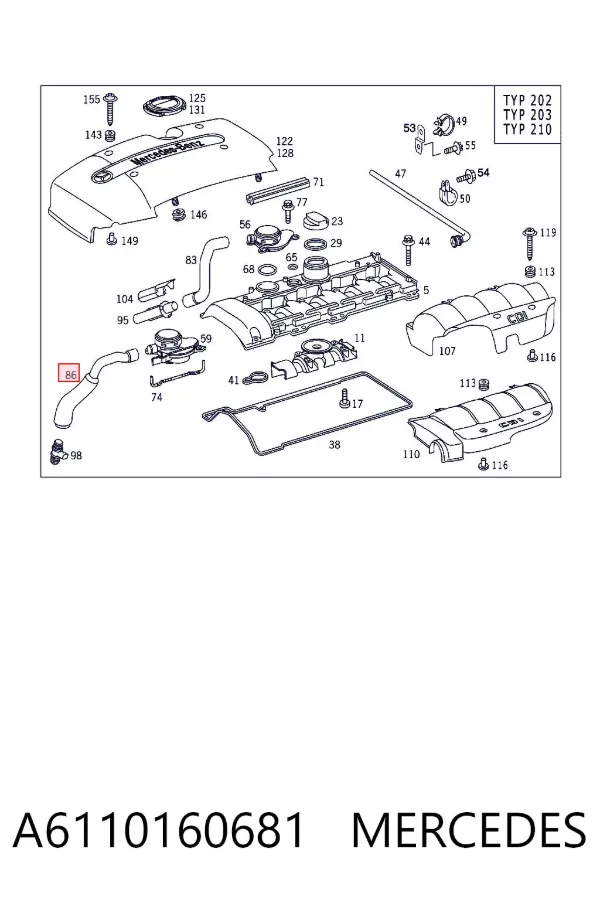 Cano derivado de ventilação de cárter (de separador de óleo) A6110160681 Mercedes