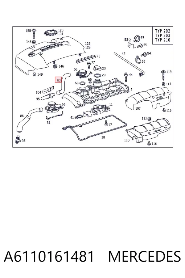Cano derivado de ventilação de cárter (de separador de óleo) A6110161481 Mercedes