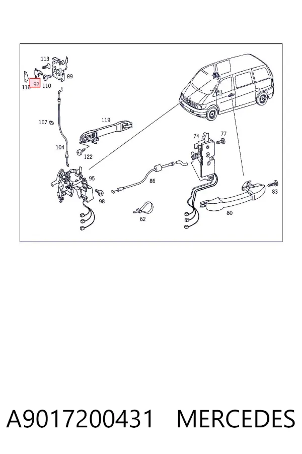 Gozno de garra (parte complementar) de fecho da porta dianteira A9017200431 Mercedes