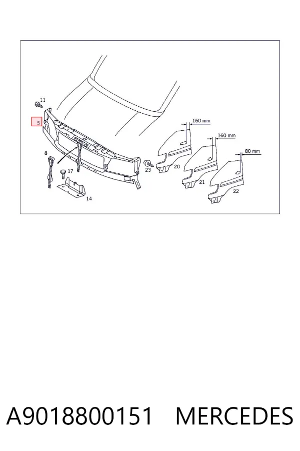 Suporte do radiador montado (painel de montagem de fixação das luzes) A9018800151 Mercedes