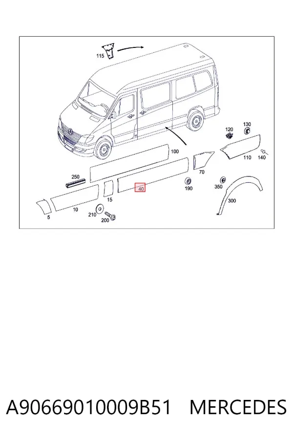 Moldura da porta lateral (deslizante) A90669010009B51 Mercedes