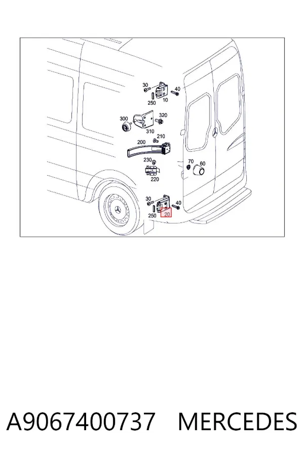 Gozno direito inferior da porta traseira (batente) A9067400737 Mercedes