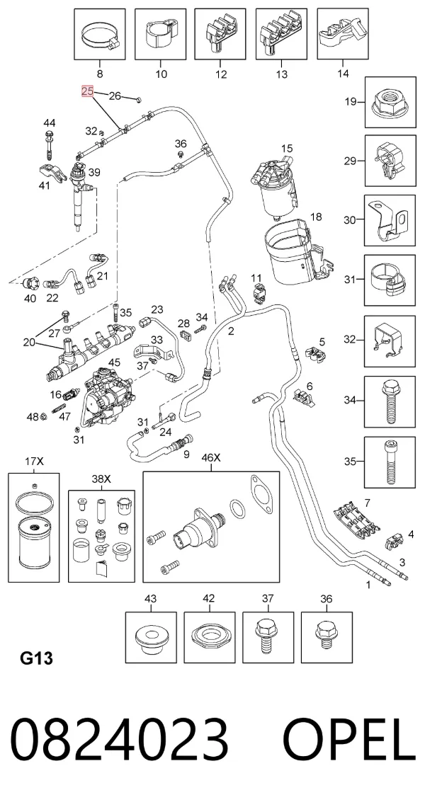 Tubo de combustível, inverso desde os injetores 0824023 Opel