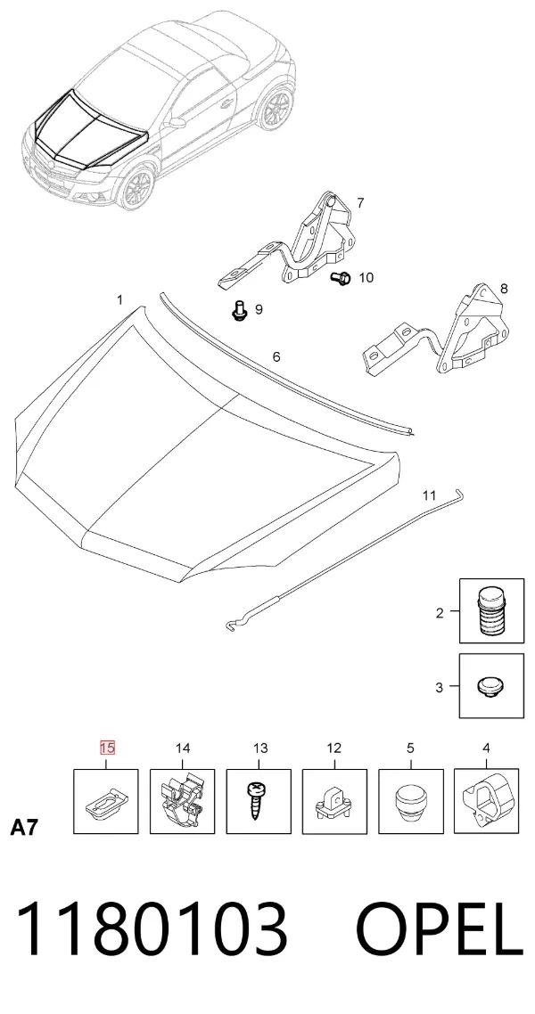 Fixador de suporte da capota 1180103 Opel