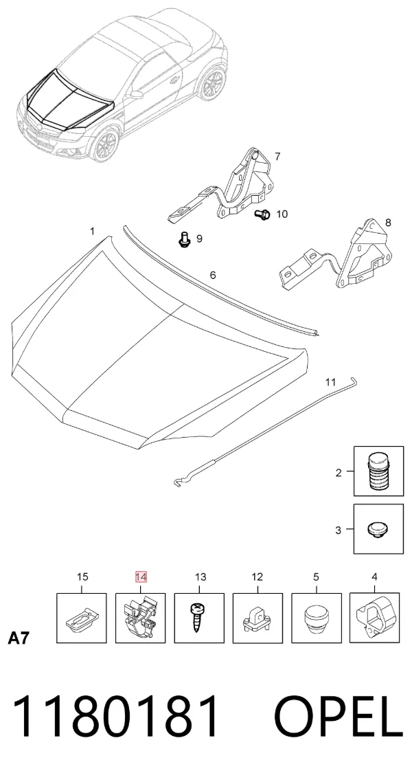 Fixador de suporte da capota 1180181 Opel