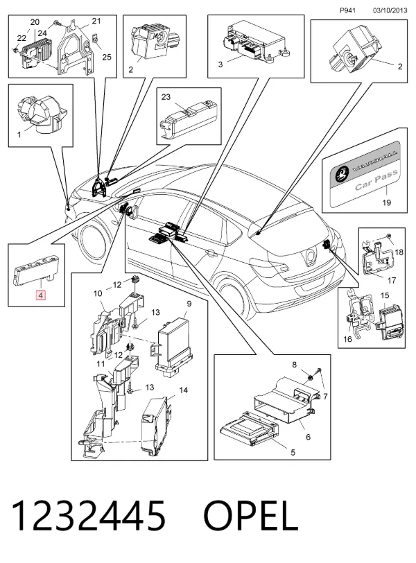 Unidade de controlo do fecho central 1232445 Opel