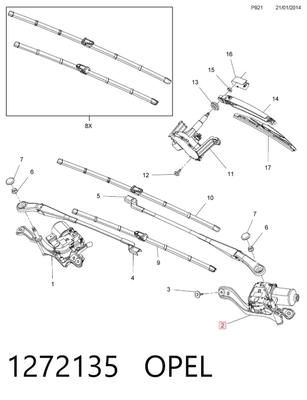 Trapézio de limpador pára-brisas esquerdo 1272135 Opel