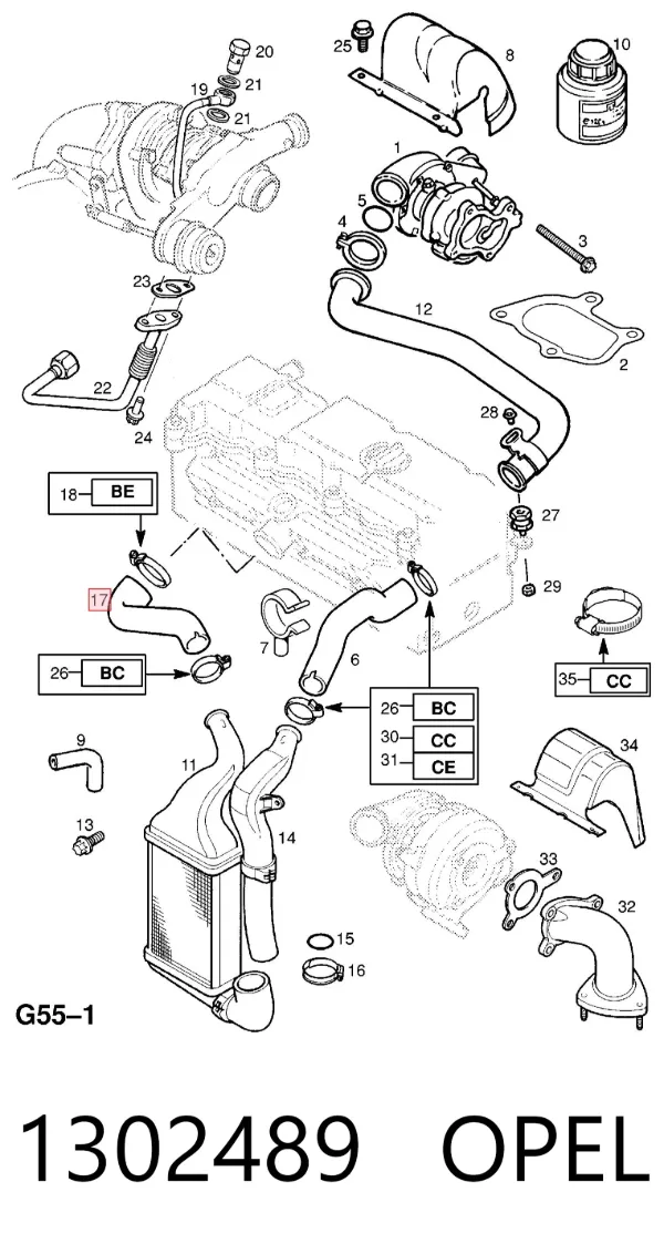 Mangueira (cano derivado) de intercooler 1302489 Opel