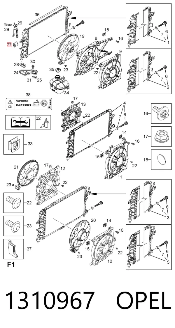 Coxim superior de fixação do radiador 1310967 Opel