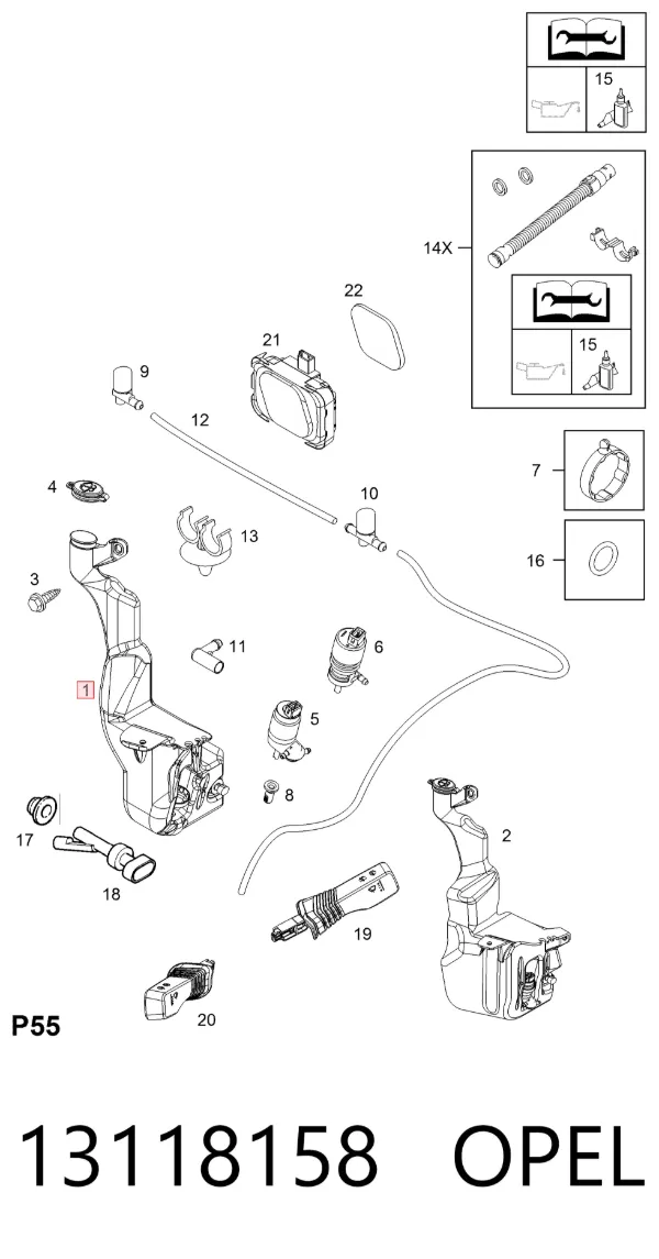 Tanque de fluido para lavador de vidro 13118158 Opel