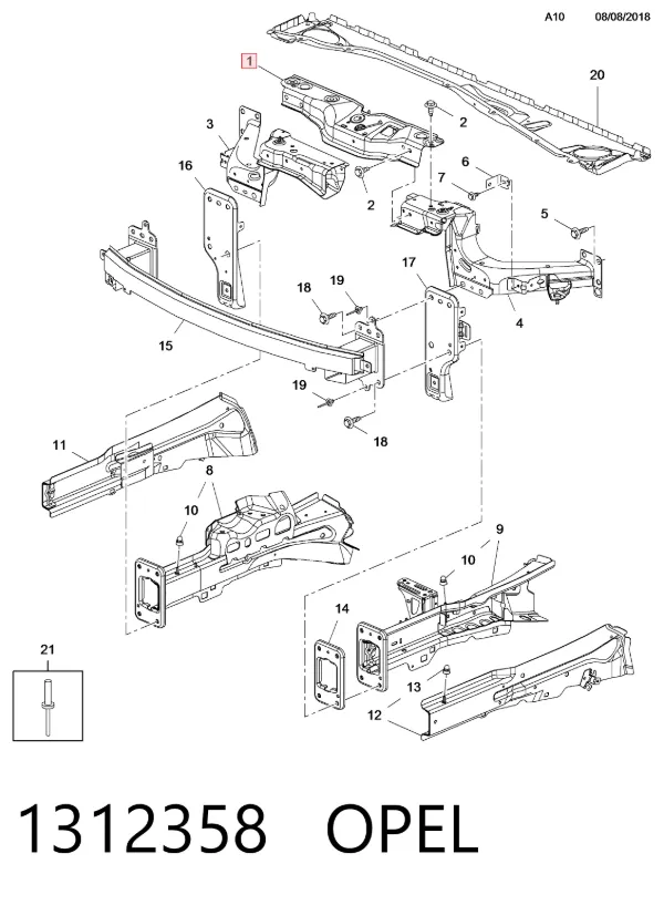 Suporte do radiador montado (painel de montagem de fixação das luzes) 1312358 Opel