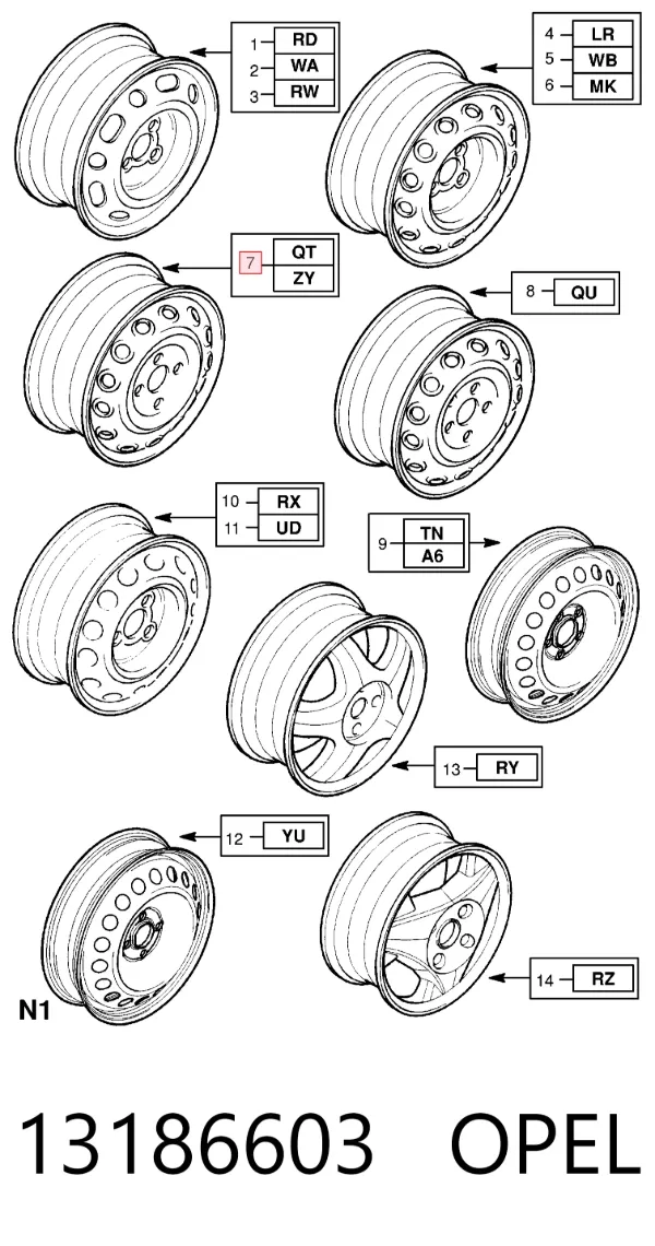 Discos de roda de aço (estampados) 13186603 Opel