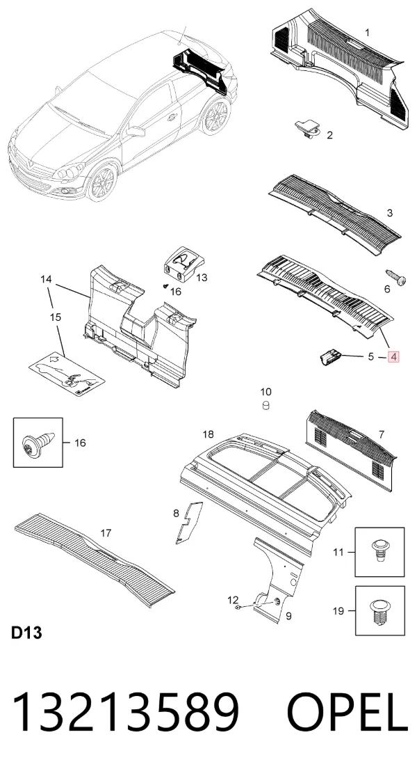 Cobrimento de painel traseiro de porta-malas 13213589 Opel