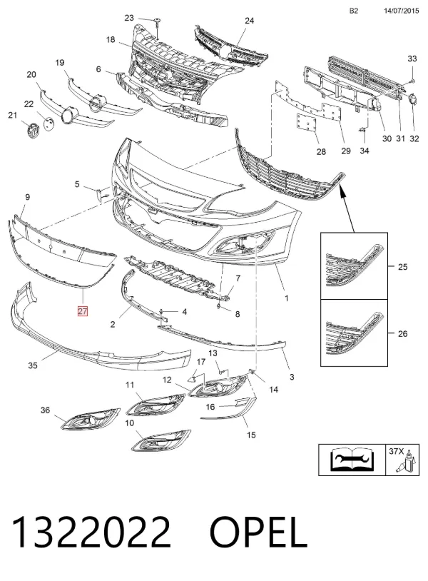 Moldura de grelha do radiador inferior 1322022 Opel