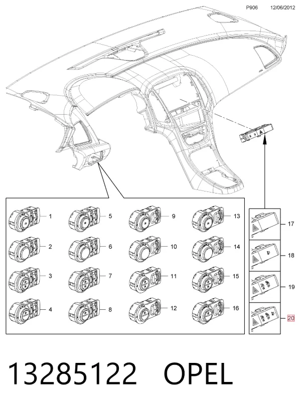 Botão de ativação do sinal de emergência 13285122 Opel