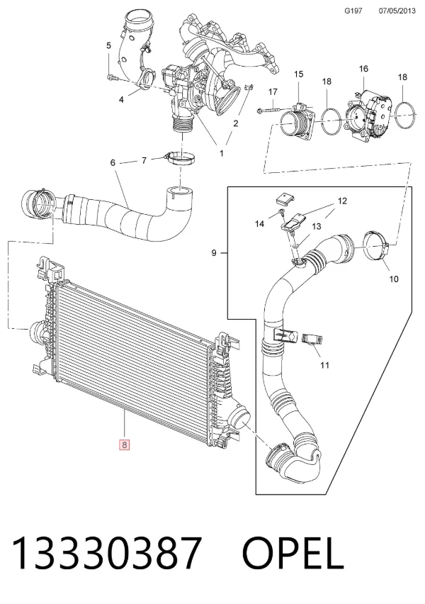 Radiador de intercooler 13330387 Opel