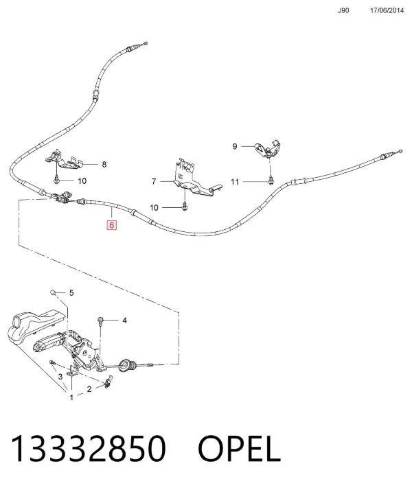 Cabo traseiro direito/esquerdo do freio de estacionamento 13332850 Opel