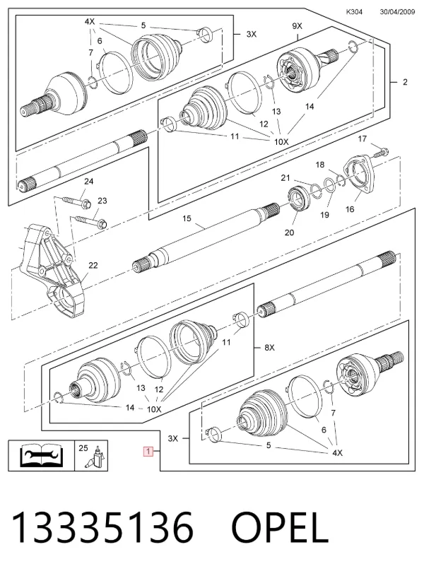 Semieixo (acionador) dianteiro direito 13335136 Opel