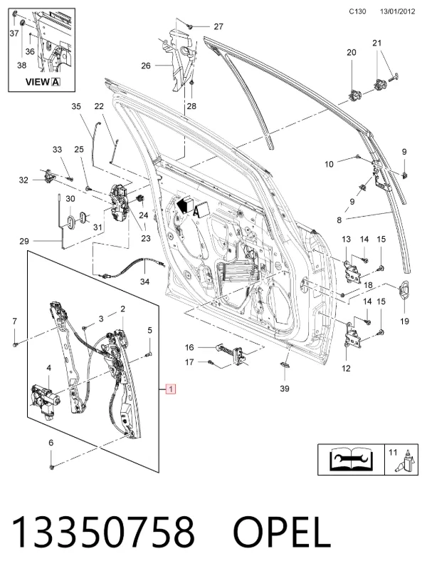 Mecanismo de acionamento de vidro da porta dianteira esquerda 13350758 Opel