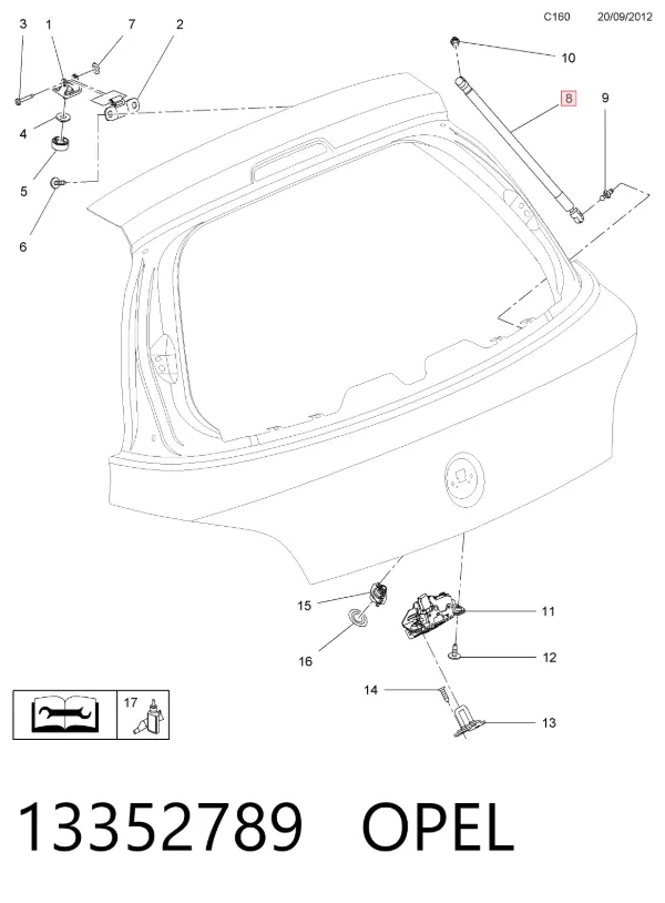 Amortecedor de tampa de porta-malas (de 3ª/5ª porta traseira) 13352789 Opel