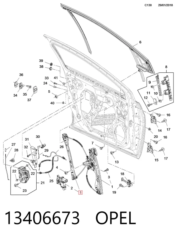 Mecanismo de acionamento de vidro da porta dianteira esquerda Opel Astra K