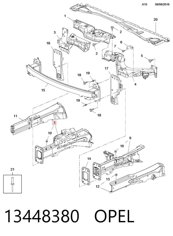 Longarina de chassi dianteira direita 13448380 Opel
