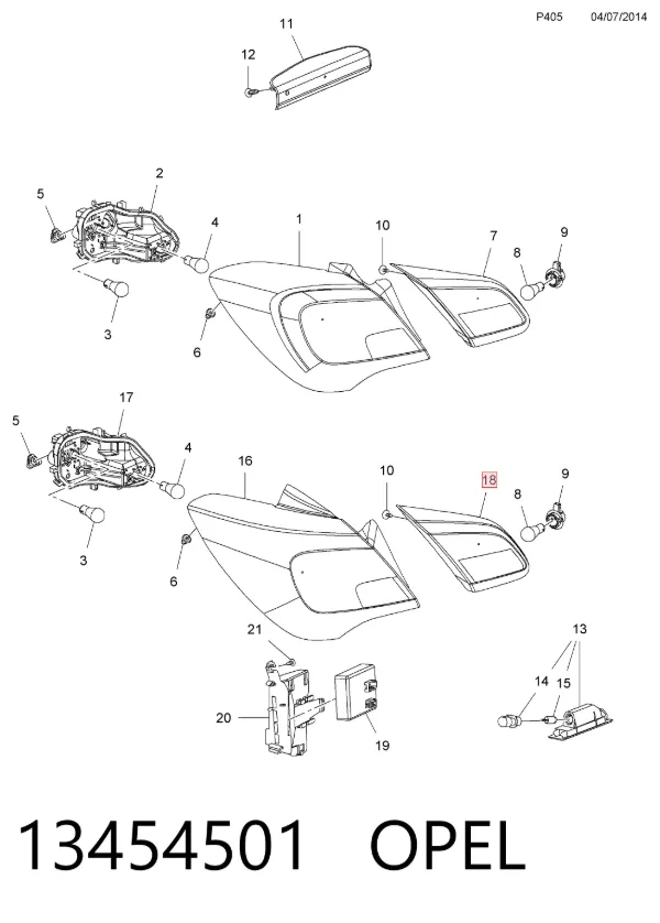 Lanterna traseira direita interna 13454501 Opel