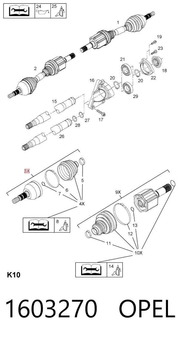 Junta homocinética externa dianteira 1603270 Opel