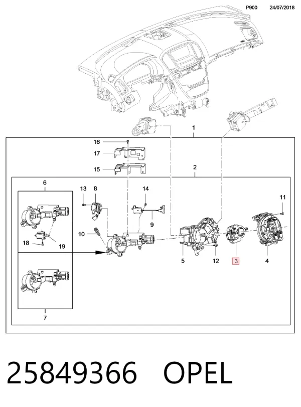 Sensor do ângulo de viragem do volante de direção 25849366 Opel
