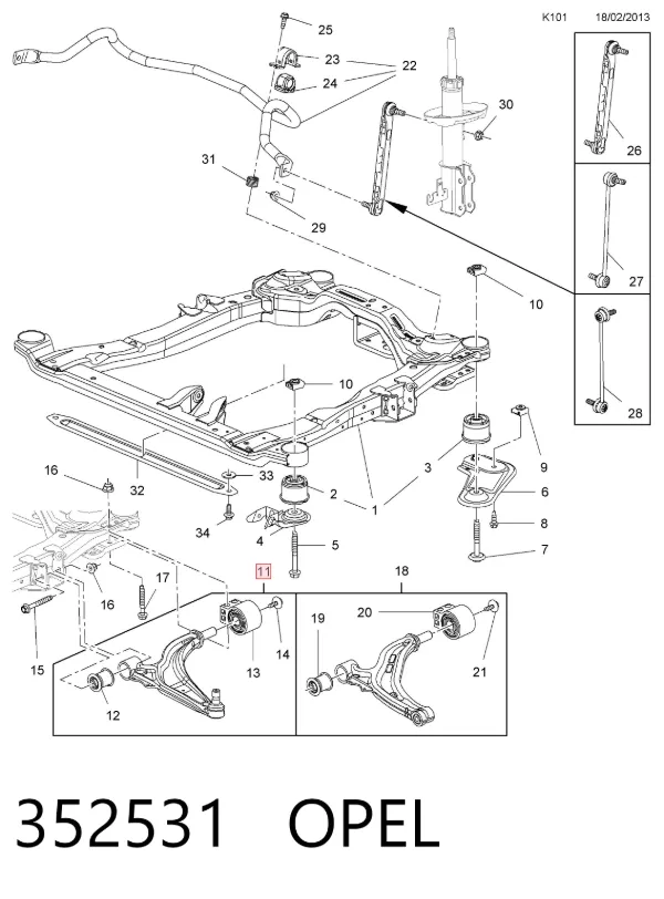 Braço oscilante inferior direito de suspensão dianteira 352531 Opel