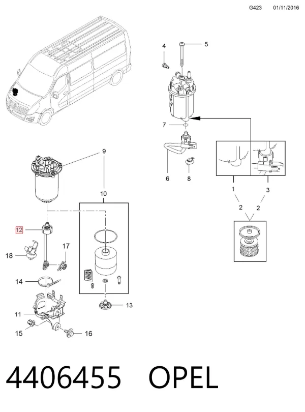 Sensor do nível da água de filtro de combustível 4406455 Opel