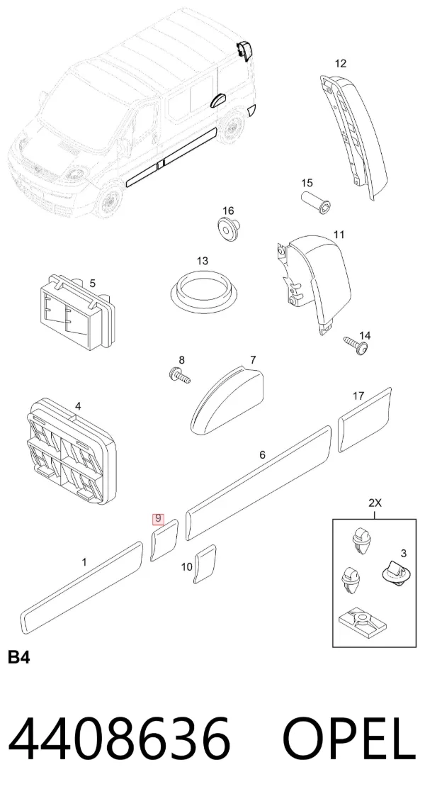 Placa sobreposta externa dianteira direita de suporte de carroçaria 4408636 Opel