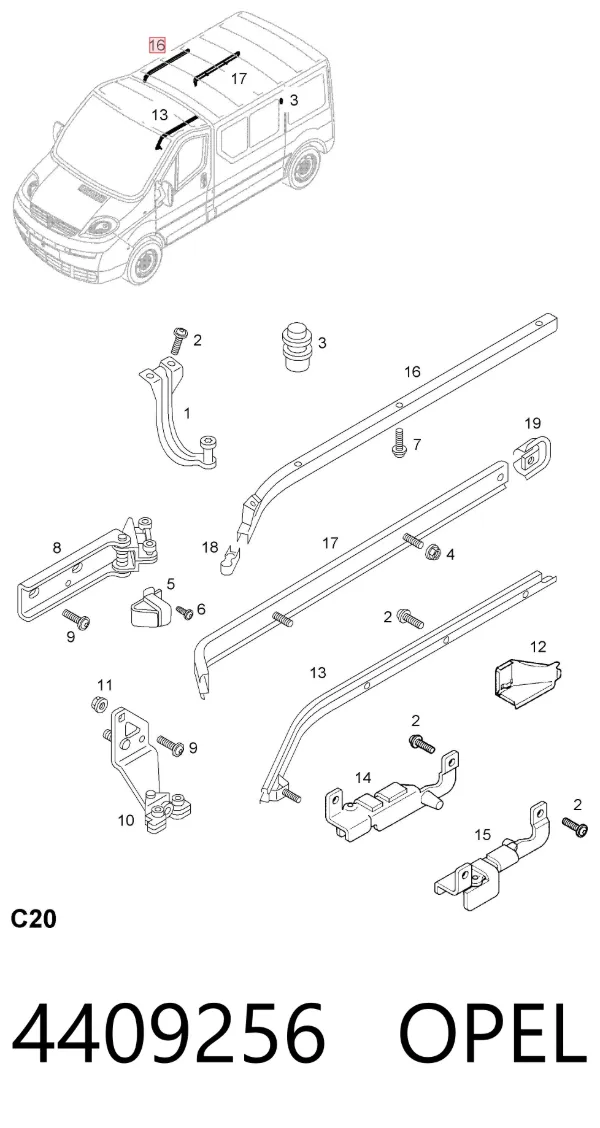 Carril superior direito de guia da porta deslizante 4409256 Opel