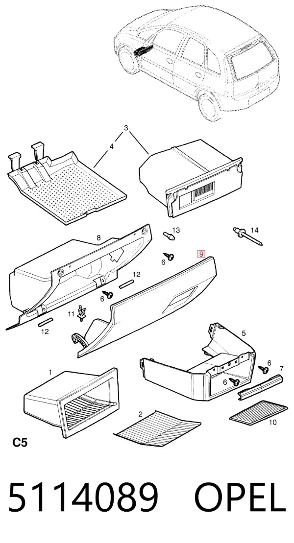 Tampa da caixa para luvas (porta-luvas) 5114089 Opel