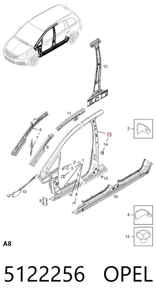 Montante central direito de carroçaria 5122256 Opel