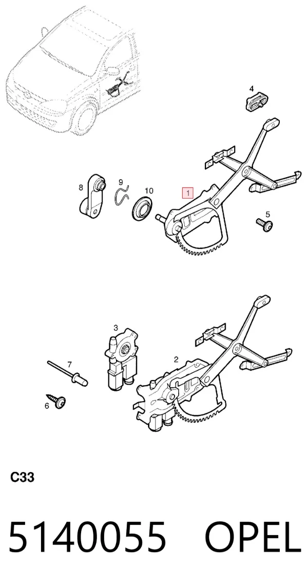 Mecanismo de acionamento de vidro da porta dianteira esquerda 5140055 Opel