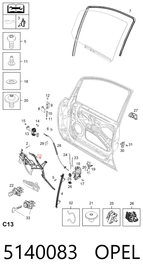 Mecanismo de acionamento de vidro da porta dianteira esquerda 5140083 Opel