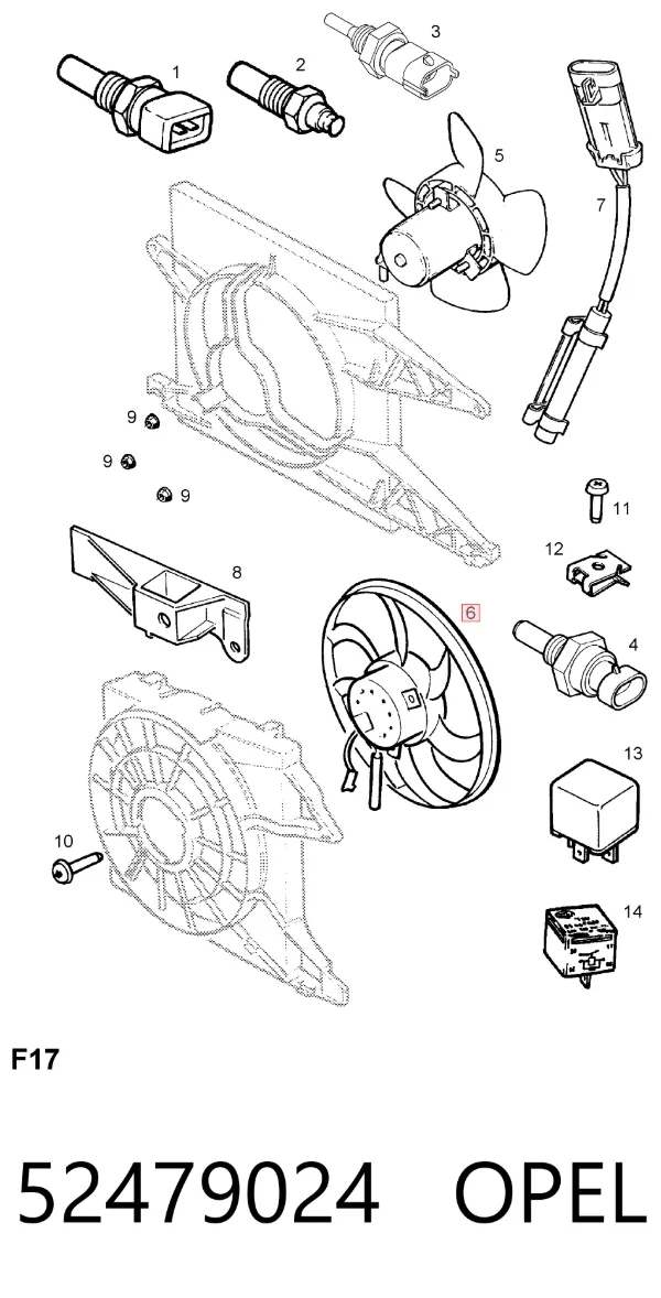 Ventilador elétrico de esfriamento montado (motor + roda de aletas) 52479024 Opel