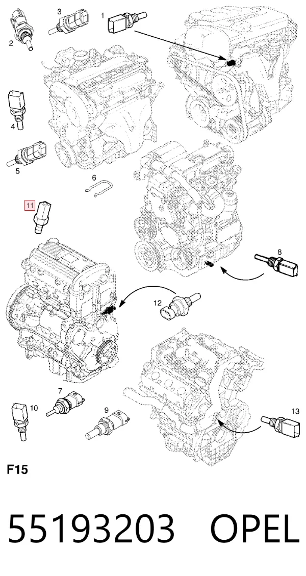 Sensor de temperatura do fluido de esfriamento 55193203 Opel