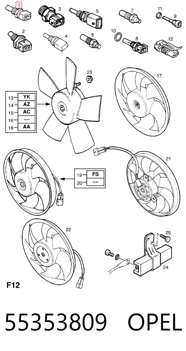 Sensor de temperatura do fluido de esfriamento 55353809 Opel