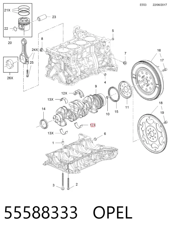 Folhas inseridas principais de cambota, kit, padrão (STD) 55588333 Opel