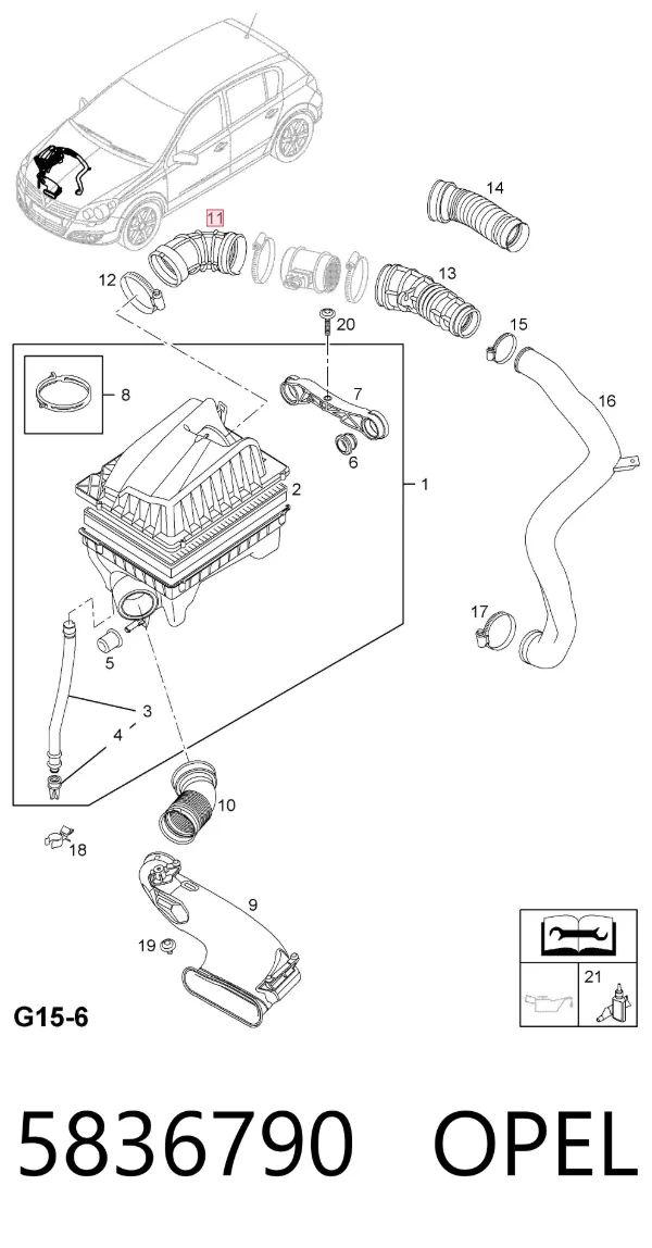 Cano derivado de ar, saída de filtro de ar 5836790 Opel