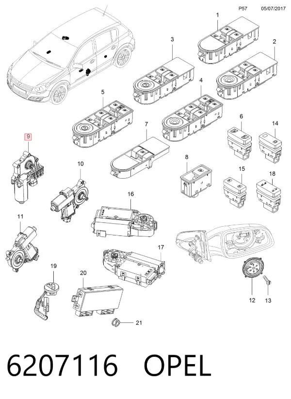 Motor de acionamento de vidro da porta dianteira direita 6207116 Opel