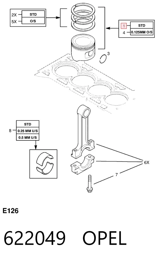 Pistão do kit para 1 cilindro, STD 622049 Opel