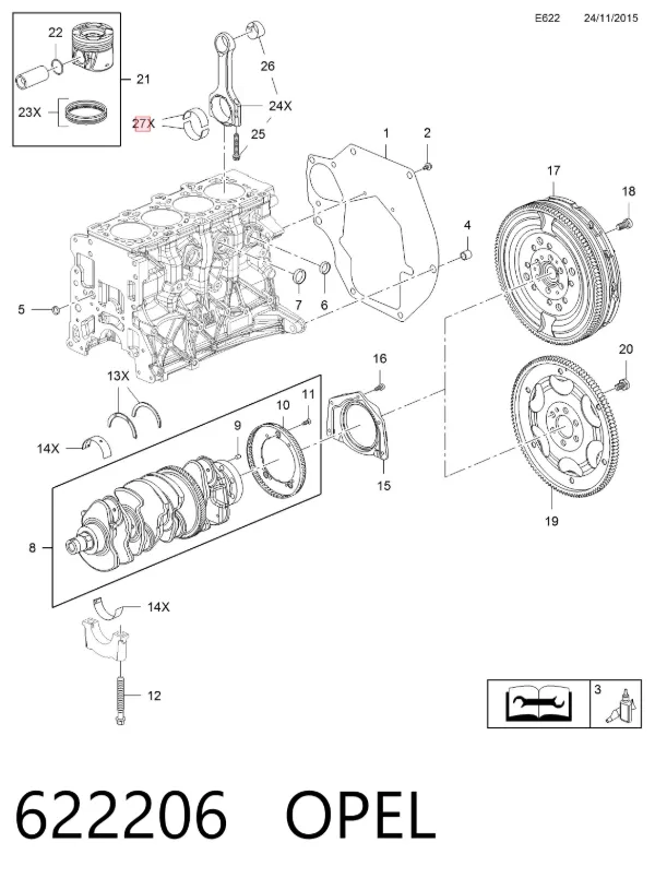 Folhas inseridas de cambota de biela, kit, 1ª reparação ( + 0,25) 622206 Opel