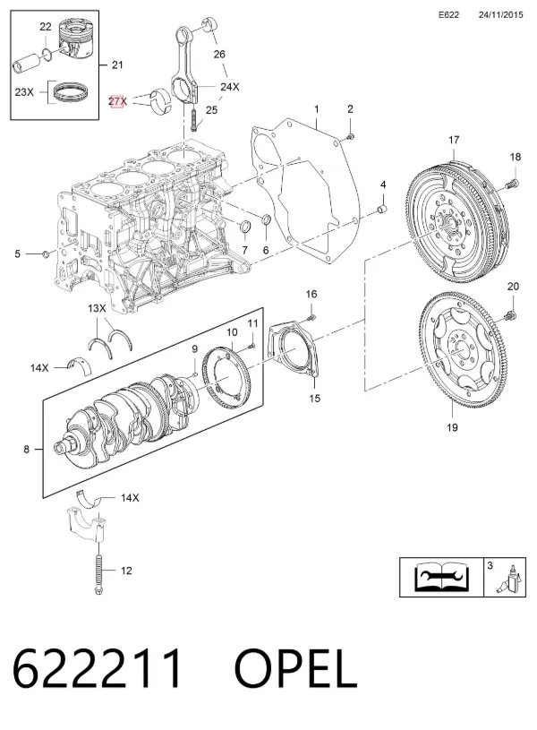 Folhas inseridas de cambota de biela, kit, padrão (STD) 622211 Opel