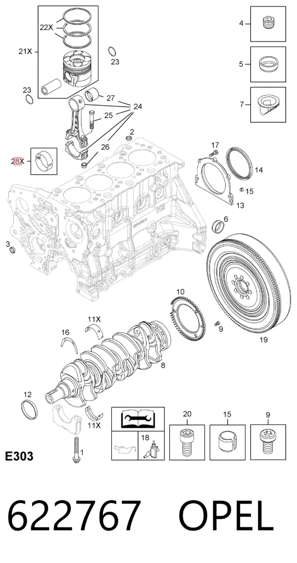 Folhas inseridas de cambota de biela, kit, padrão (STD) 622767 Opel